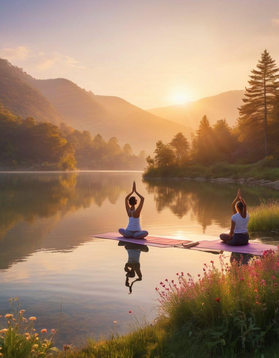A serene scene depicting a diverse group of individuals practicing yoga outdoors at sunrise, their poses symbolizing balance and harmony. In the background, gentle hills and a calm lake reflect the warm colors of early morning, while soft rays of sunlight highlight their expressions of peace and connection. Include elements of nature like blooming flowers and greenery to emphasize holistic well-being. super-realistic. vibrant colors. peaceful ambiance.